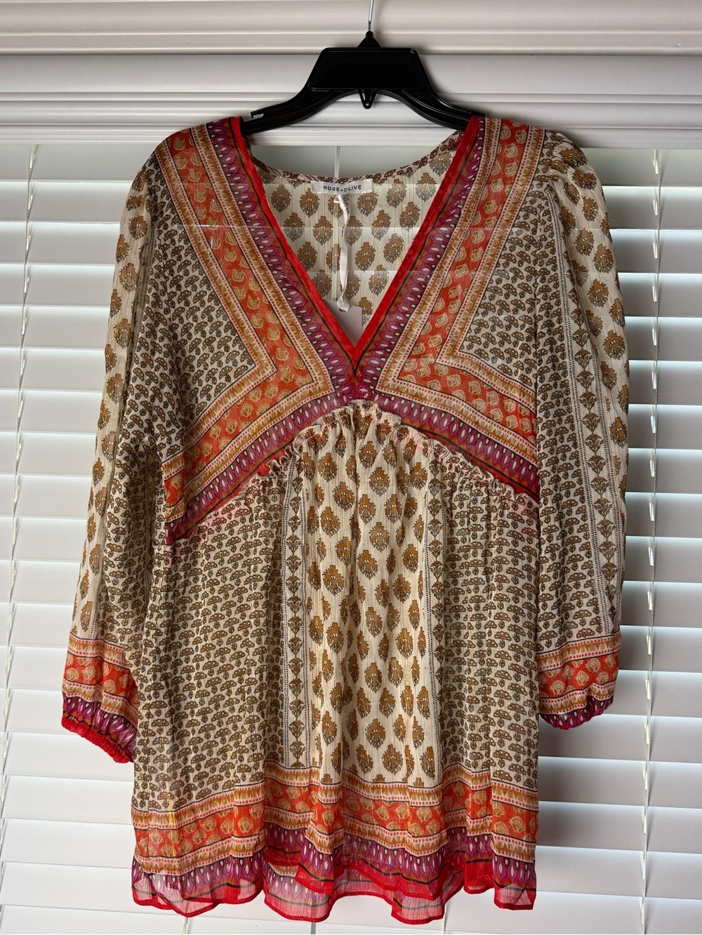 Rose & Olive Boho V-Neck Tunic in Beige, Red and Orange